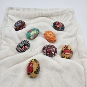 Vintage Hand Painted Wooden Pysanky Easter Eggs Set of 8- Folk Art